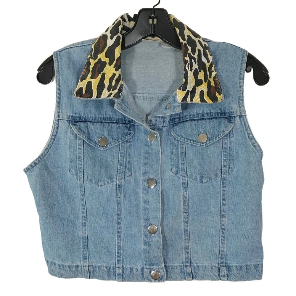 Vintage 90’s Midwest Trader Cropped Denim Vest Western Animal Print Collar Large